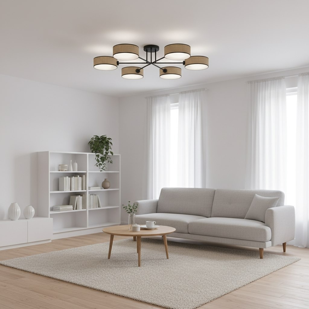 Lampa sufitowa Maga z rattanowymi kloszami, 6xE14, czarna konstrukcja. Ujęcie frontalne, zamontowana na suficie. W tle jasne, minimalistyczne wnętrze z sofą i regałem, naturalne światło przez zasłony.