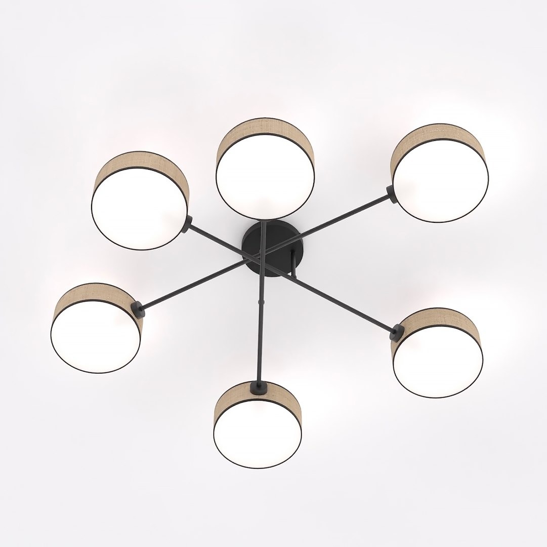 Lampa sufitowa Maga z sześcioma kloszami E14, z brązowym wykończeniem rattanowym. Konstrukcja czarna, z sześcioma okrągłymi, białymi kloszami. Ujęcie z dołu, pokazujące rozłożenie ramion i kloszy.
