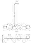 Lampa wisząca Model 1486/6 z sześcioma miejscami na żarówki G9, w kolorze czarnym. Posiada okrągłe, przezroczyste klosze umieszczone na prostokątnej podstawie. Wymiary: 85 cm szerokości, 23 cm wysokości, zawieszenie do 120 cm.