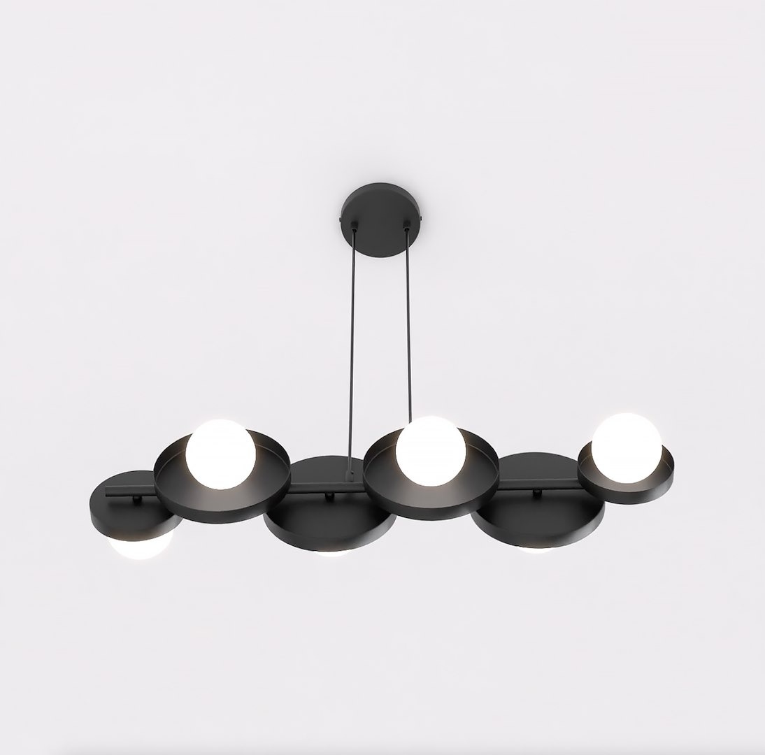 Lampa wisząca Model 1486/6 w kolorze czarnym z sześcioma okrągłymi źródłami światła, zawieszona na cienkich linkach. Okrągłe klosze w minimalistycznym designie, umieszczone na poziomej podstawie. Tło białe, co podkreśla elegancki wygląd lampy.
