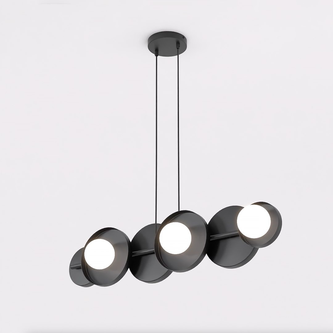 Czarna lampa wisząca 6xG9 z okrągłymi kloszami, zawieszona na dwóch cienkich linkach. Klosze mają matową powierzchnię i emitują okrągłe źródło światła. Ujęcie z góry, na jednolitym tle, ukazujące nowoczesny design.