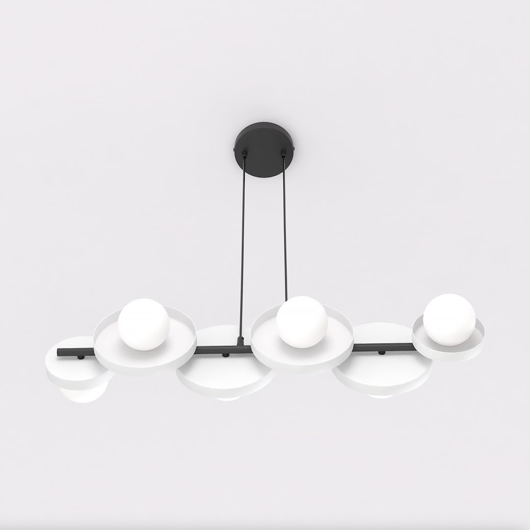 Lampa wisząca model 1487/6 z sześcioma źródłami światła G9, w kolorze czarnym i białym. Konstrukcja z okrągłymi, białymi kloszami i czarnym, metalowym stelażem. Ujęcie z góry, wisząca pod sufitem.