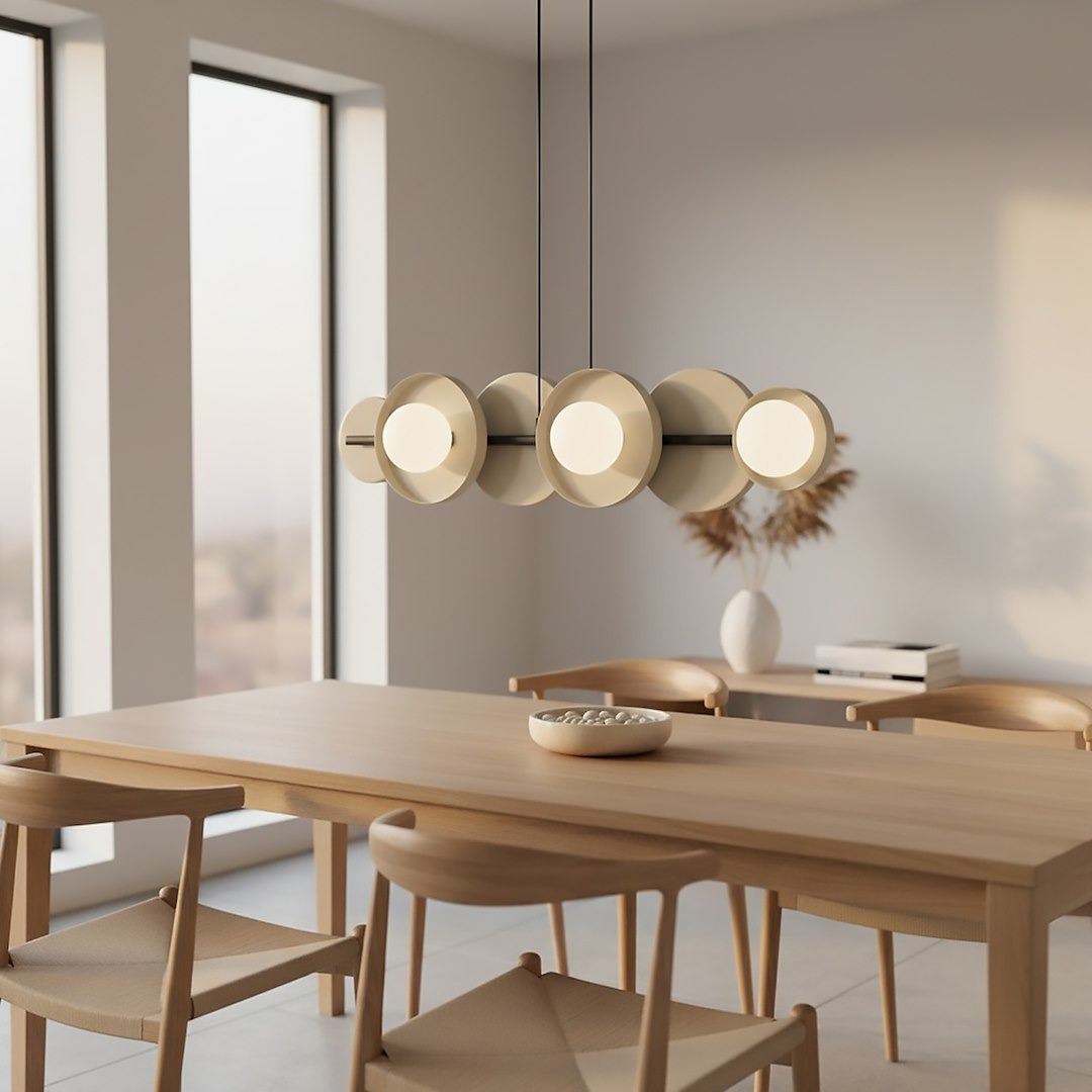 Lampa wisząca Model 1488/6 w kolorze czarnym, z sześcioma okrągłymi kloszami w odcieniu mokka. Zawieszona nad drewnianym stołem w jasnym wnętrzu, podwieszona na cienkich czarnych linkach. Idealna do nowoczesnych aranżacji.