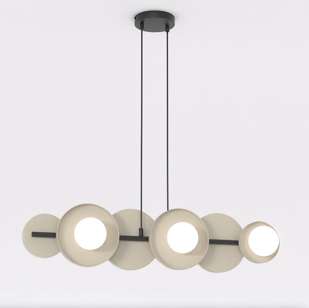 Lampa wisząca Model 1488/6 w kolorze czarnym mokka, wyposażona w sześć źródeł światła G9. Posiada okrągłe klosze w jasnym odcieniu, zawieszona na dwóch cienkich linkach, z okrągłym mocowaniem sufitowym.
