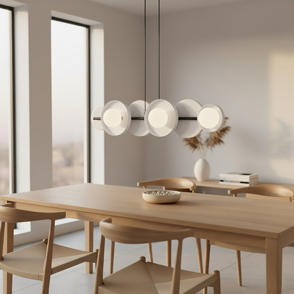 Lampa wisząca w kolorze czarnym i szarym, z sześcioma okrągłymi, białymi kloszami, zawieszona na dwóch cienkich kabelkach. Produkt umieszczony nad drewnianym stołem w jasnym wnętrzu, z oknami w tle.