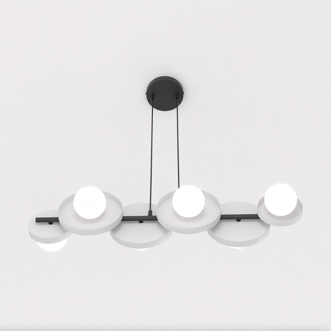 Lampa wisząca Model 1489/6 w kolorze czarnym i szarym, z sześcioma okrągłymi źródłami światła na płaskich talerzach. Ujęcie z góry, zawieszona na dwóch cienkich linkach, montowana do sufitu. Prosty, nowoczesny design.