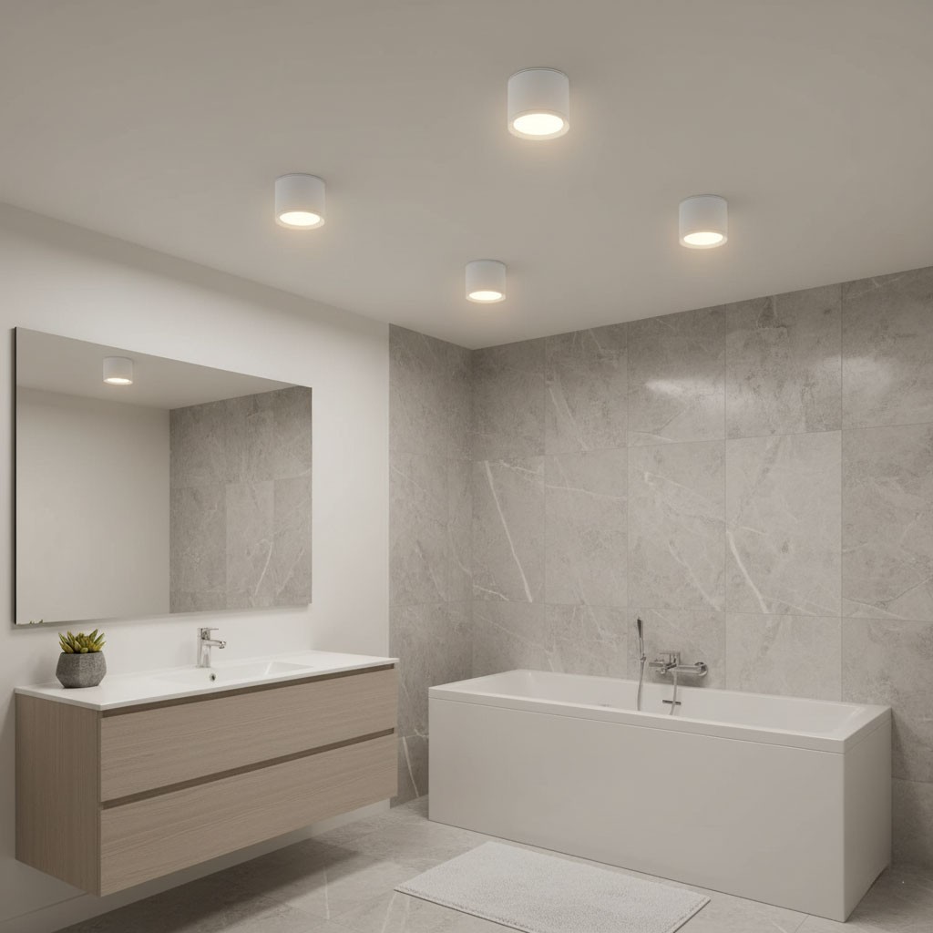 Biała lampa sufitowa tuba GX53/IP54, zamontowana na suficie, w nowoczesnej łazience. Widoczne cztery lampy w równych odstępach, jasne światło odbijające się od szarych płytek. W tle umywalka z lustrem i wanna.