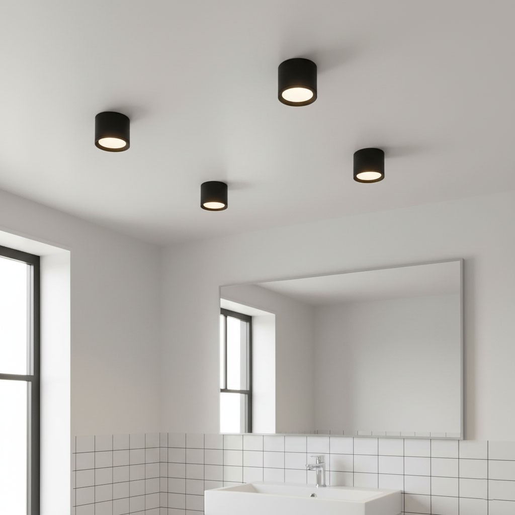 Haro lampa sufitowa tuba GX53/IP54 w kolorze czarnym, zamontowana na suficie. Okrągła forma z białym kloszem, umieszczona w minimalistycznym wnętrzu łazienki z białymi kafelkami i dużym lustrem.