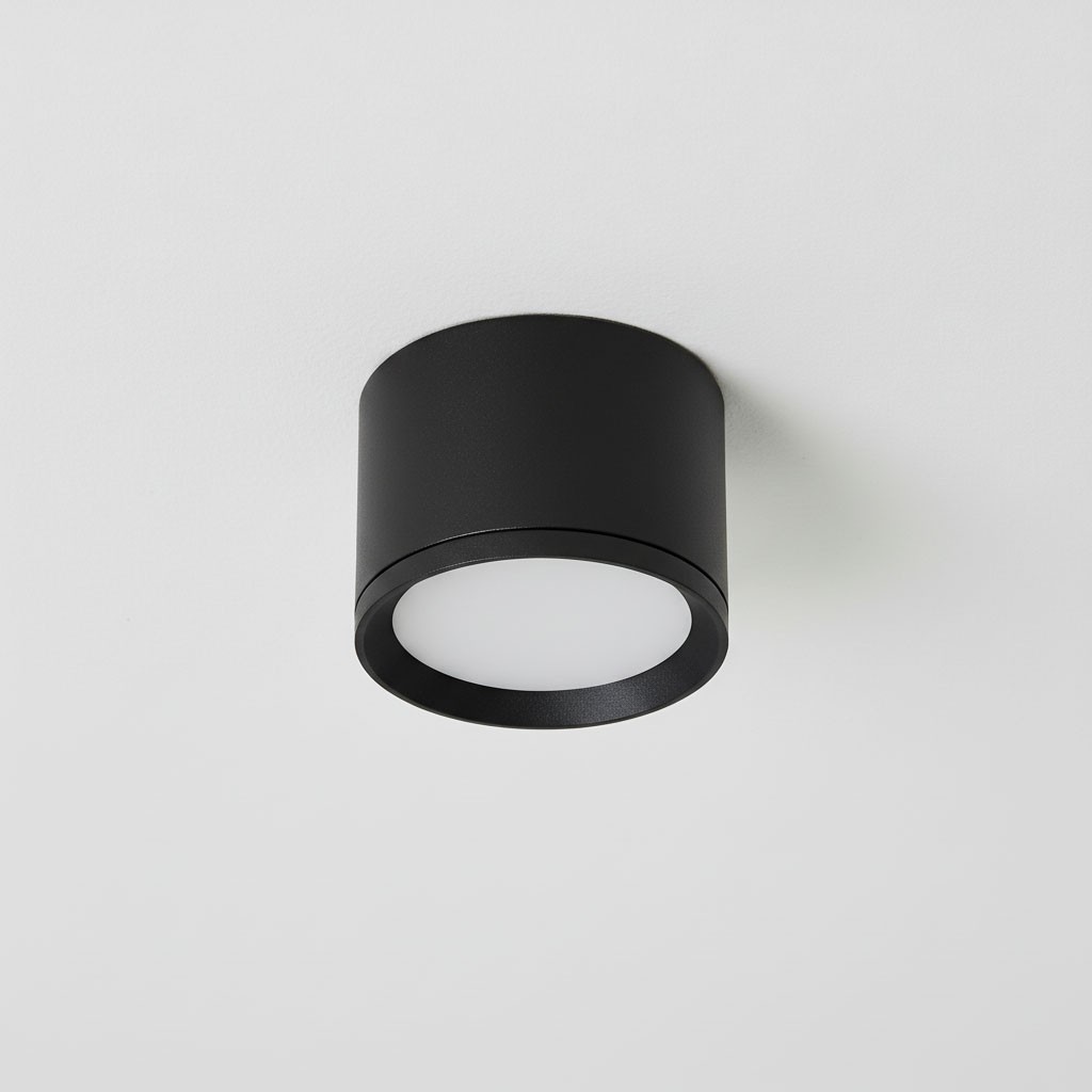 Czarna lampa sufitowa tuba Haro GX53/IP54, zamontowana na białym suficie. Produkt ma cylindryczny kształt, z matową, czarną obudową i białym kloszem, zapewniającym rozproszone światło. Idealna do użytku wewnętrznego i zewnętrznego.