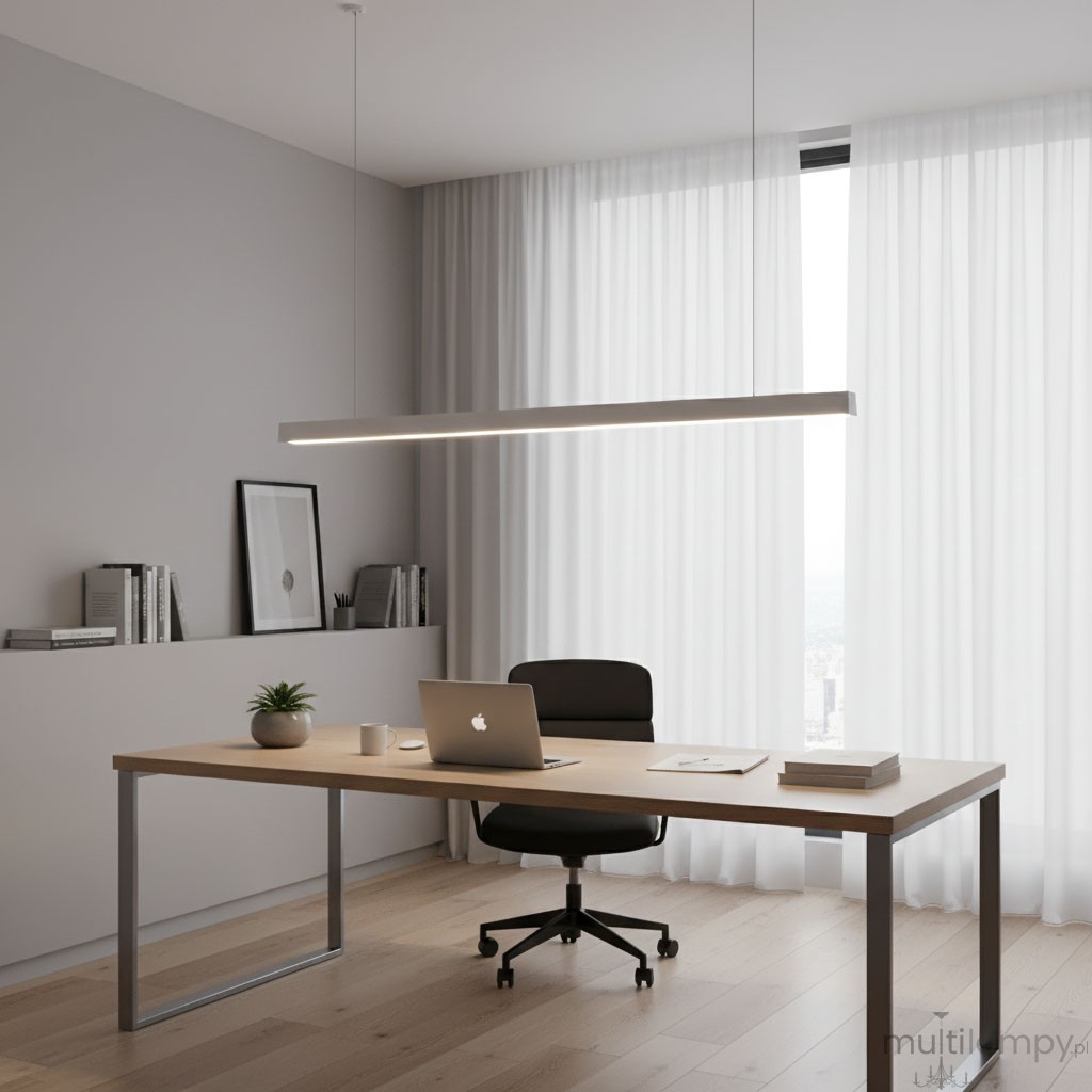Lampa wisząca w kolorze białym z jedną diodą LED o mocy 40W i barwie światła 4000K. Zawieszona nad biurkiem w nowoczesnym biurze, z minimalistycznym designem, o prostokątnym kształcie, w otoczeniu jasnych zasłon i drewnianego stołu.