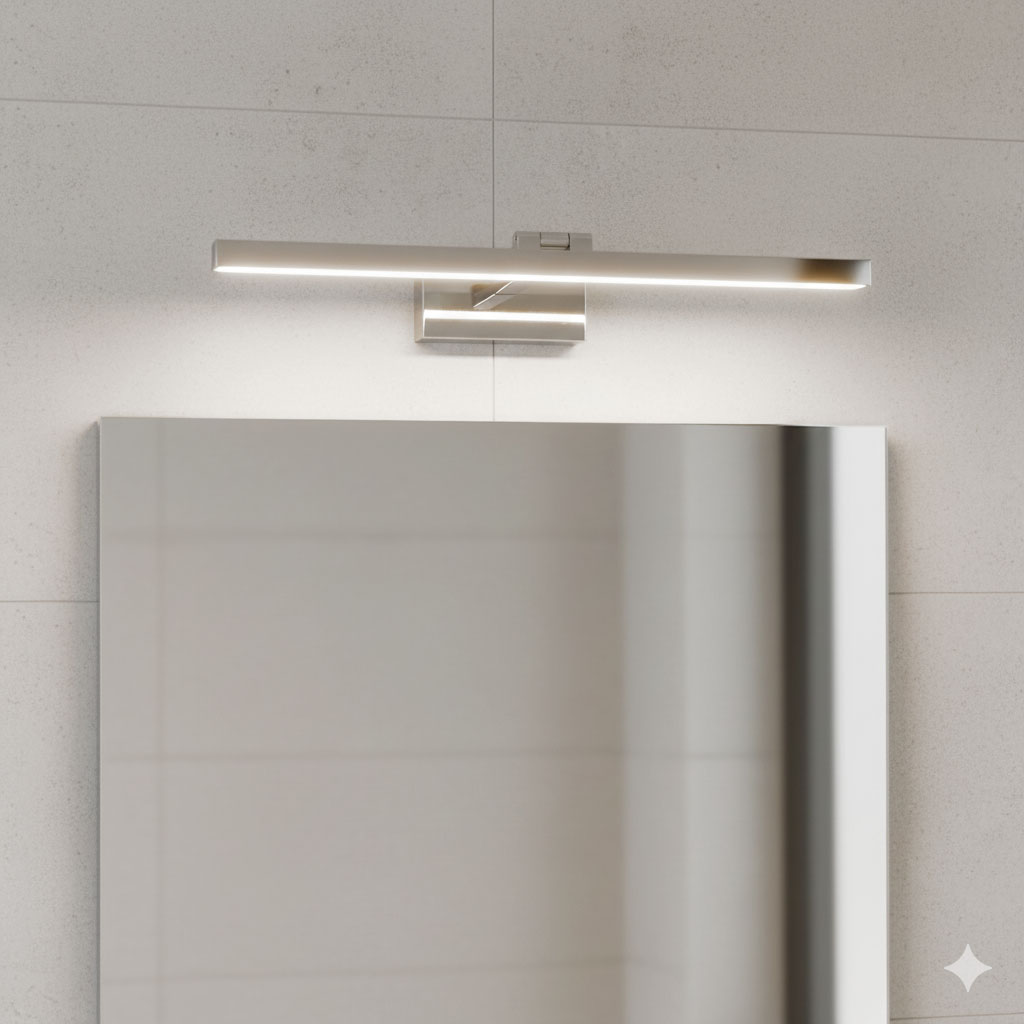 Lappa kinkiet łazienkowy LED w kolorze chromu, zamontowany nad lustrem. Produkt ma prostokątny kształt i emituje równomierne światło, doskonale oświetlając przestrzeń. Widoczna chromowana obudowa i minimalistyczny design.