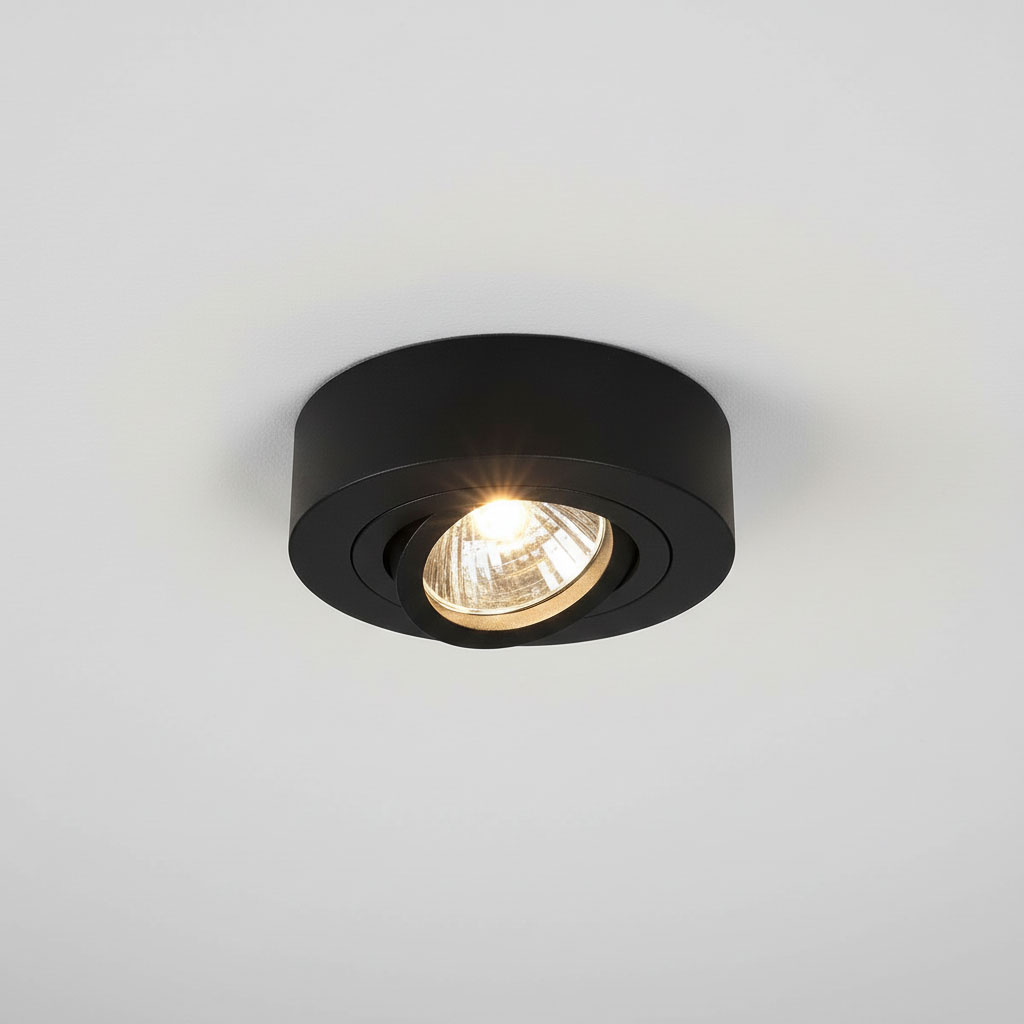 Ruchoma oprawa podtynkowa Beta w kolorze czarnym, okrągła, zamontowana w suficie. Wewnątrz znajduje się reflektor o srebrzystym wykończeniu, emitujący jasne światło. Prosty, minimalistyczny design, idealny do nowoczesnych wnętrz.