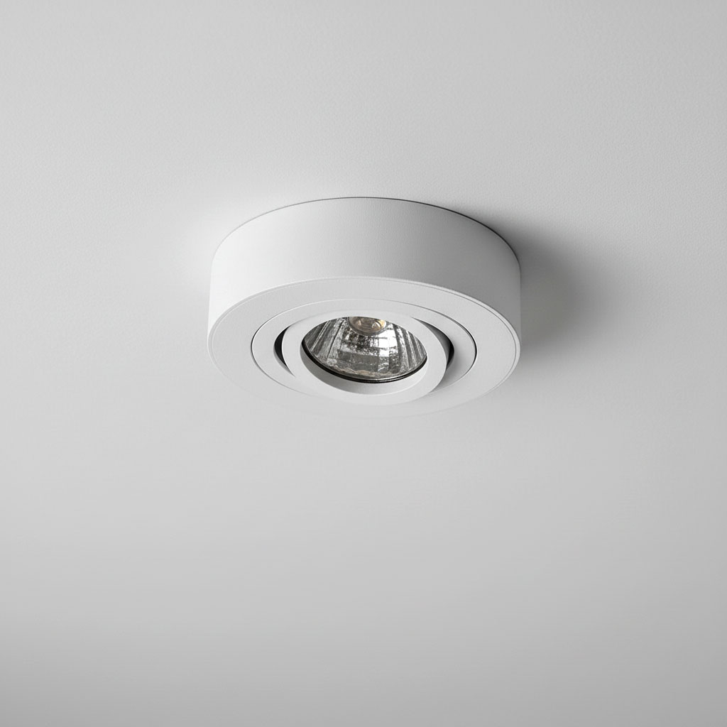 Ruchoma oprawa podtynkowa Beta w kolorze białym, okrągła, zamontowana w suficie. Wnętrze oprawy posiada reflektor, który można regulować w kierunku źródła światła. Prosta, minimalistyczna forma, idealna do nowoczesnych wnętrz.