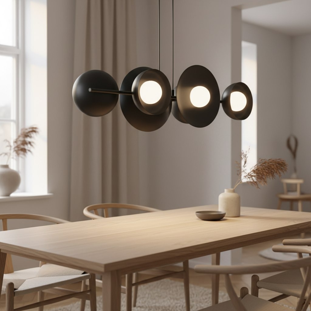 Lampa wisząca Volum 6xG9 w kolorze czarnym, składająca się z okrągłych kloszy, zawieszona nad drewnianym stołem. W tle widoczne okno z zasłonami oraz dekoracje na stole i w pomieszczeniu.