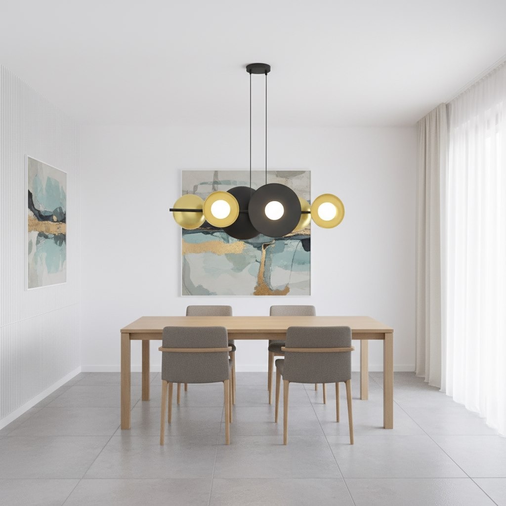 Lampa wisząca Volum w kolorze czarnym i złotym, z sześcioma źródłami światła G9. Zawieszona nad prostokątnym drewnianym stołem w jasnym wnętrzu. Elementy okrągłe i owalne, zróżnicowane w kształcie, tworzą nowoczesny design.