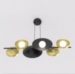Lampa wisząca Volum w kolorze czarnym i złotym z sześcioma źródłami światła G9. Produkt ma nowoczesny, minimalistyczny kształt z okrągłymi, złotymi kloszami wokół centralnego źródła światła, zawieszony na cienkich linkach.