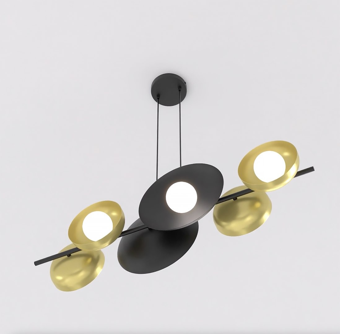 Lampa wisząca Volum 6xG9 w kolorze czarnym i złotym, z pięcioma okrągłymi, złotymi kloszami oraz jedną centralną, czarną tarczą. Ujęcie z dołu, zawieszona na dwóch linkach, na jednolitym tle. Wymiary i szczegóły konstrukcji nie są widoczne.