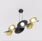 Lampa wisząca Volum 6xG9 w kolorze czarnym i złotym, z pięcioma okrągłymi, złotymi kloszami oraz jedną centralną, czarną tarczą. Ujęcie z dołu, zawieszona na dwóch linkach, na jednolitym tle. Wymiary i szczegóły konstrukcji nie są widoczne.