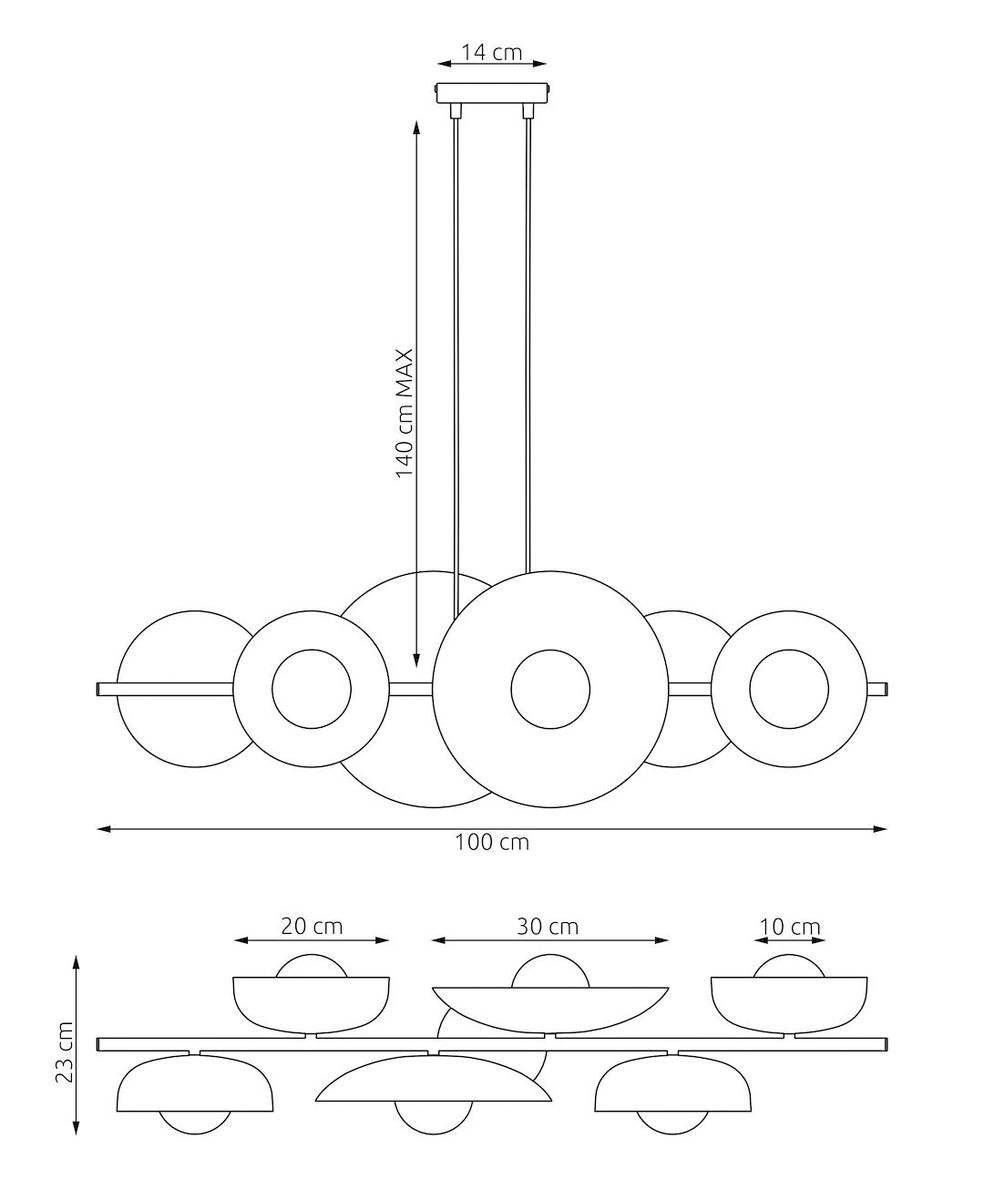 Lampa wisząca Volum z sześcioma oprawami G9, w kolorze czarnym i białym. Okrągłe klosze w różnych rozmiarach, umieszczone na poziomej listwie. Wymiary: 100 cm szerokości, 23 cm wysokości, maksymalna długość zawieszenia 140 cm.