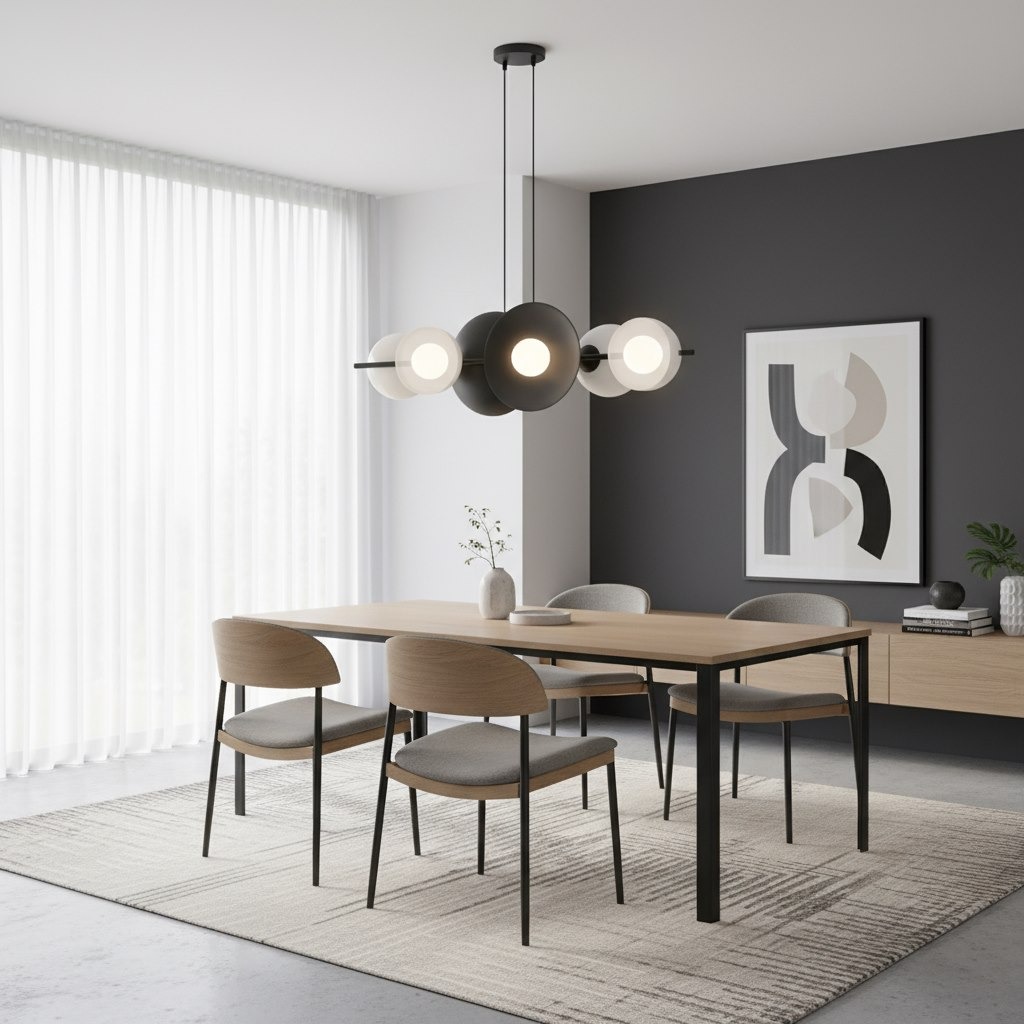 Lampa wisząca Volum w kolorze czarnym i białym, z sześcioma źródłami światła G9. Zawieszona nad drewnianym stołem w nowoczesnej jadalni, z minimalistycznym tłem i jasnymi zasłonami. Kształty elementów lampy są okrągłe i geometryczne.