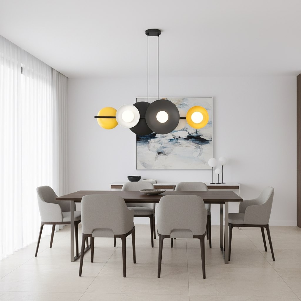 Lampa wisząca Volum w kolorze czarnym z mixem sześciu okrągłych kloszy w odcieniach białym, żółtym i czarnym, zawieszona nad drewnianym stołem w nowoczesnej jadalni, otoczona szarymi krzesłami.