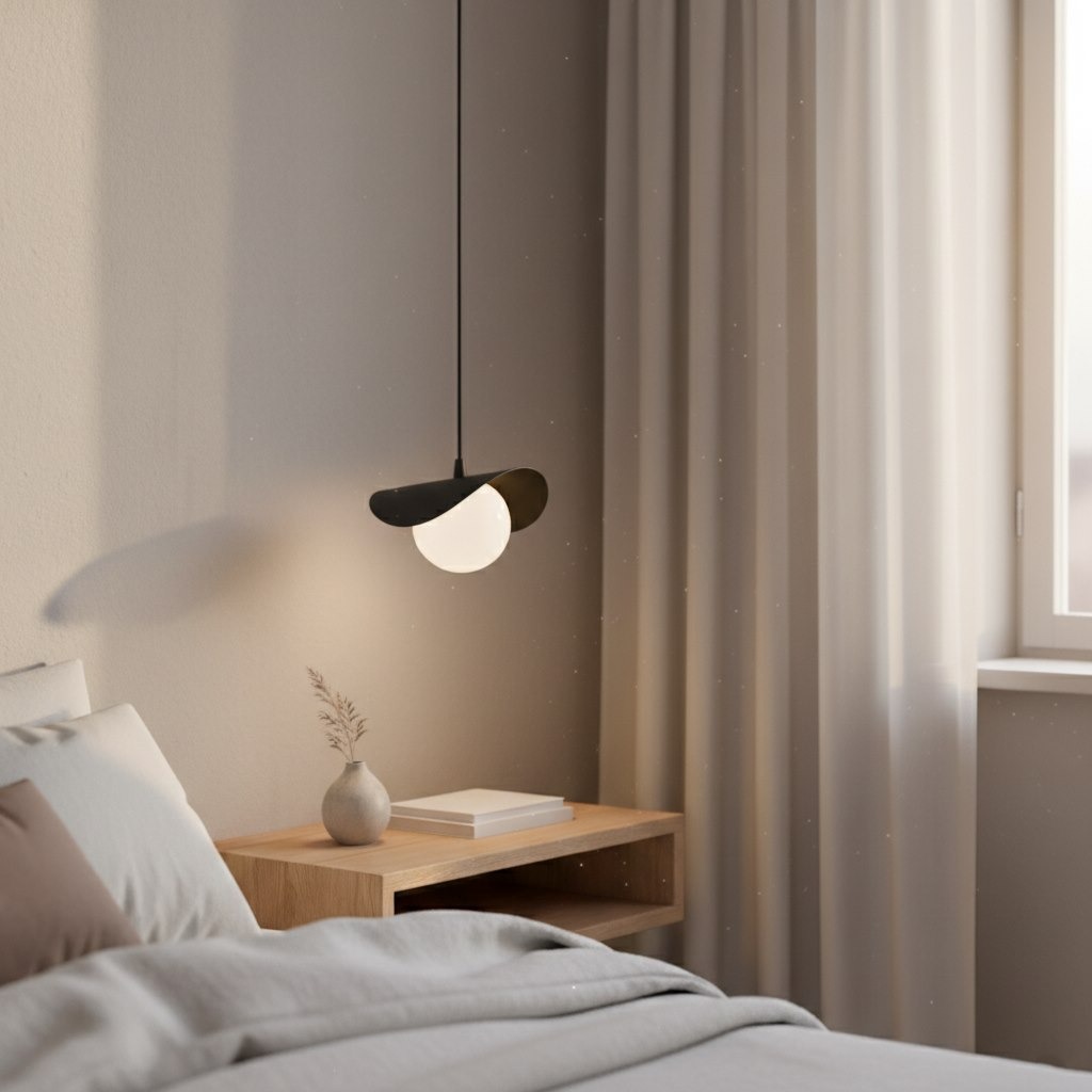 Lampa wisząca Ritual 1xG9 w kolorze czarnym, o zaokrąglonym kształcie z białym kloszem. Zawieszona nad stolikiem nocnym w sypialni, na tle jasnej ściany i zasłon, w otoczeniu minimalistycznych akcesoriów.