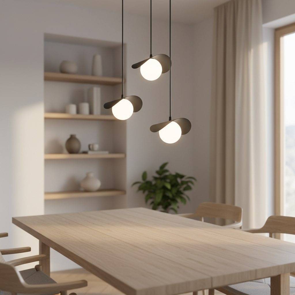 Lampa wisząca Ritual 3xG9 w kolorze czarnym z trzema okrągłymi źródłami światła. Ujęcie frontalne, zawieszona nad drewnianym stołem w nowoczesnym wnętrzu, z regałem w tle. Elementy dekoracyjne w postaci roślinności i porcelany na półkach.