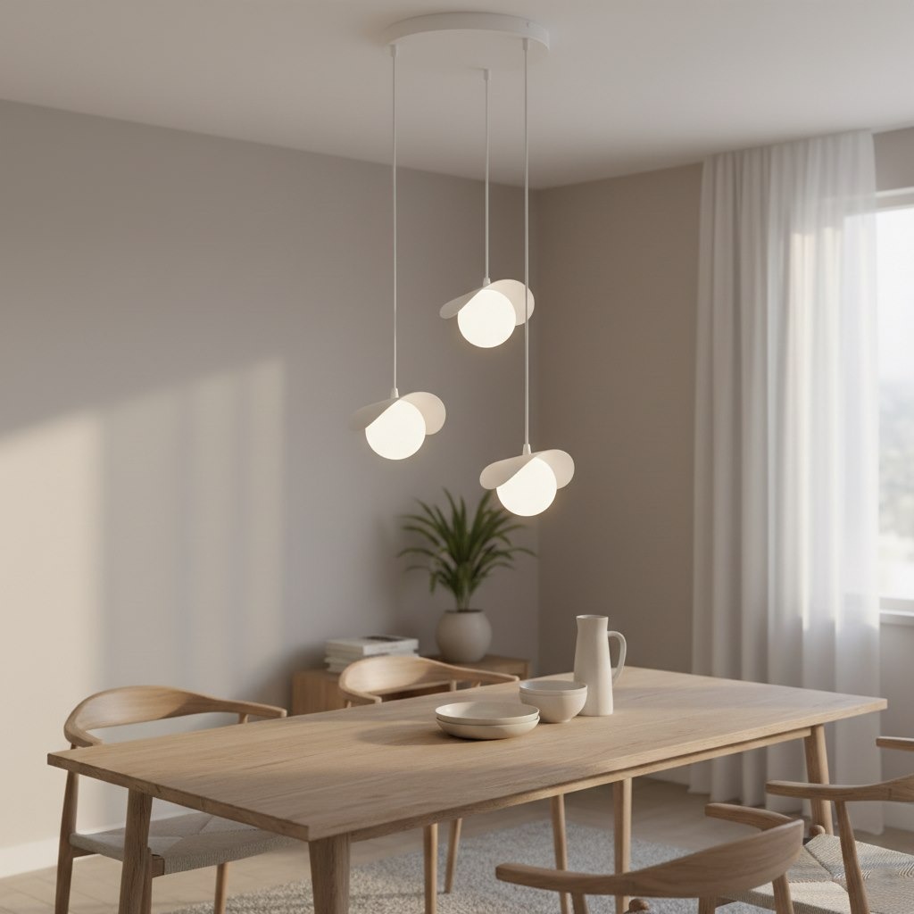 Lampa wisząca Ritual 3xG9 w kolorze białym, składająca się z trzech okrągłych źródeł światła, zawieszona na długich linkach. Znajduje się nad drewnianym stołem w nowoczesnym wnętrzu z roślina w tle.