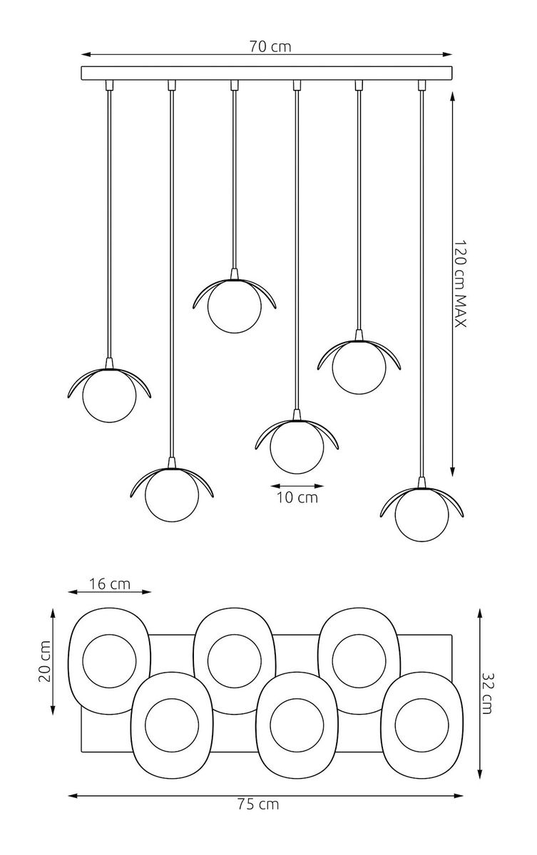 Lampa wisząca Ritual z sześcioma kloszami G9 w białym kolorze. Prosta, metalowa konstrukcja z zawieszeniem na długich linkach. Klosze mają średnicę 10 cm, a całość ma wymiary 70 cm szerokości i 120 cm maksymalnej wysokości.