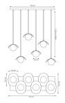 Lampa wisząca Ritual z sześcioma kloszami G9 w białym kolorze. Prosta, metalowa konstrukcja z zawieszeniem na długich linkach. Klosze mają średnicę 10 cm, a całość ma wymiary 70 cm szerokości i 120 cm maksymalnej wysokości.