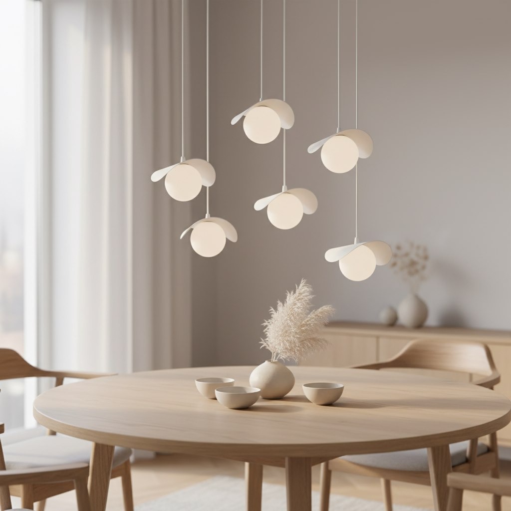 Lampa wisząca Ritual 6xG9 w białym kolorze, z sześcioma okrągłymi kloszami zamocowanymi na cienkich linkach, zawieszona nad okrągłym drewnianym stołem. W tle widoczne minimalistyczne dekoracje i jasne zasłony.