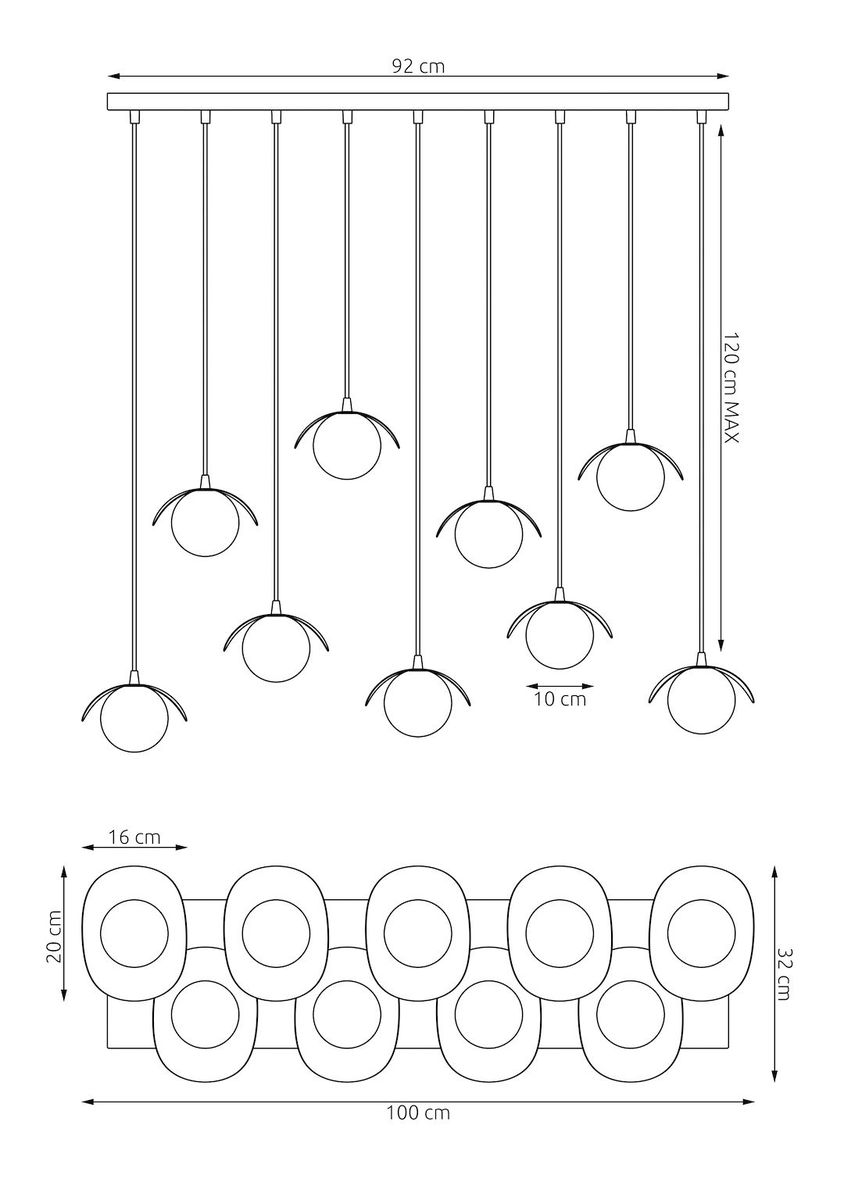 Lampa wisząca Ritual, biała, z dziewięcioma oprawkami G9. Wymiary: długość 92 cm, wysokość maksymalna 120 cm, średnica kloszy 10 cm. Prosty, nowoczesny design z metalowymi elementami, idealna do różnych aranżacji wnętrz.