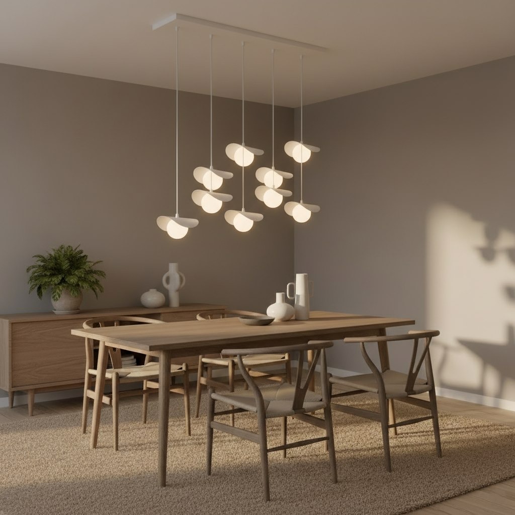 Lampa wisząca Ritual 9xG9 w białym kolorze, zawieszona na prostokątnej podsufitce, złożona z dziewięciu okrągłych kloszy. Produkt umieszczony nad drewnianym stołem w nowoczesnej aranżacji wnętrza. Tło w odcieniach szarości, z roślinnością i dekoracjami.