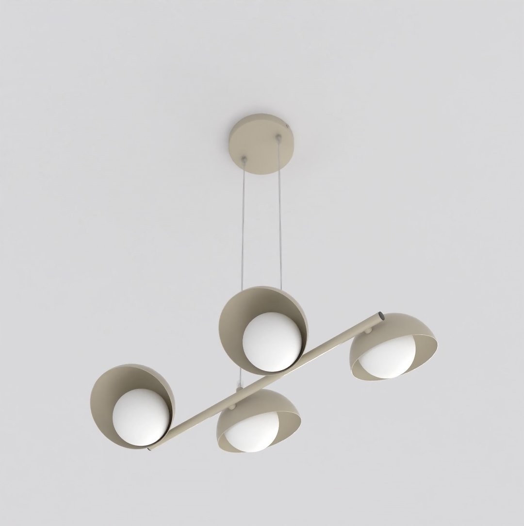 Lampa wisząca Boom 4xG9 w kolorze mokka z czterema okrągłymi kloszami, zawieszona na cienkich linkach, z białymi kulistymi żarówkami. Ujęcie z dołu, na jednolitym tle.