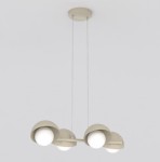 Lampa wisząca Boom 4xG9 w kolorze mokka z czterema okrągłymi kloszami, zawieszona na cienkich linkach. Klosze mają połączenie matowej i błyszczącej powierzchni, emitując ciepłe światło. Montowana do sufitu, w minimalistycznym stylu.