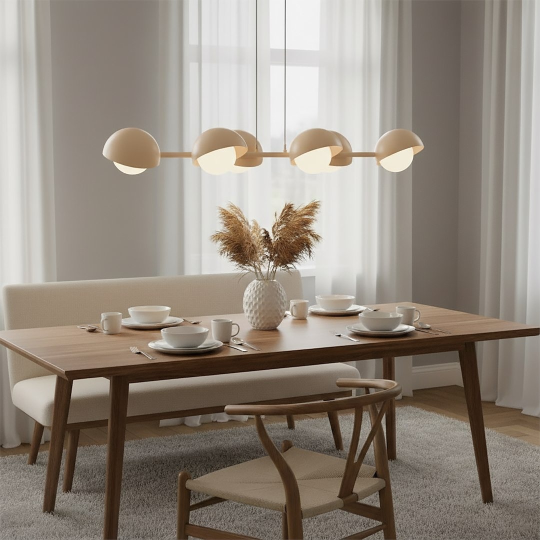 Lampa wisząca Boom 6xG9 w kolorze mokka, składająca się z sześciu półkulistych kloszy, zawieszona nad drewnianym stołem. W tle białe zasłony oraz dekoracyjny wazon z roślinami. Produkt w nowoczesnym wnętrzu jadalni.