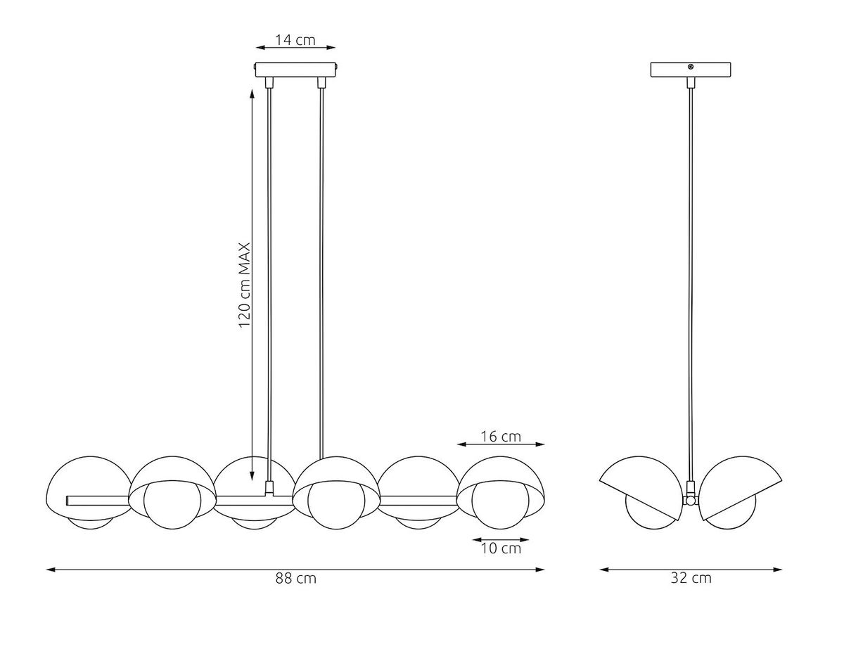 Lampa wisząca Boom w kolorze pomarańczowym, z miejscem na 6 żarówek G9. Posiada okrągłe klosze o średnicy 10 cm, w odległości 88 cm, z regulowaną wysokością do 120 cm. Prosta, metalowa konstrukcja z okrągłym sufitem.