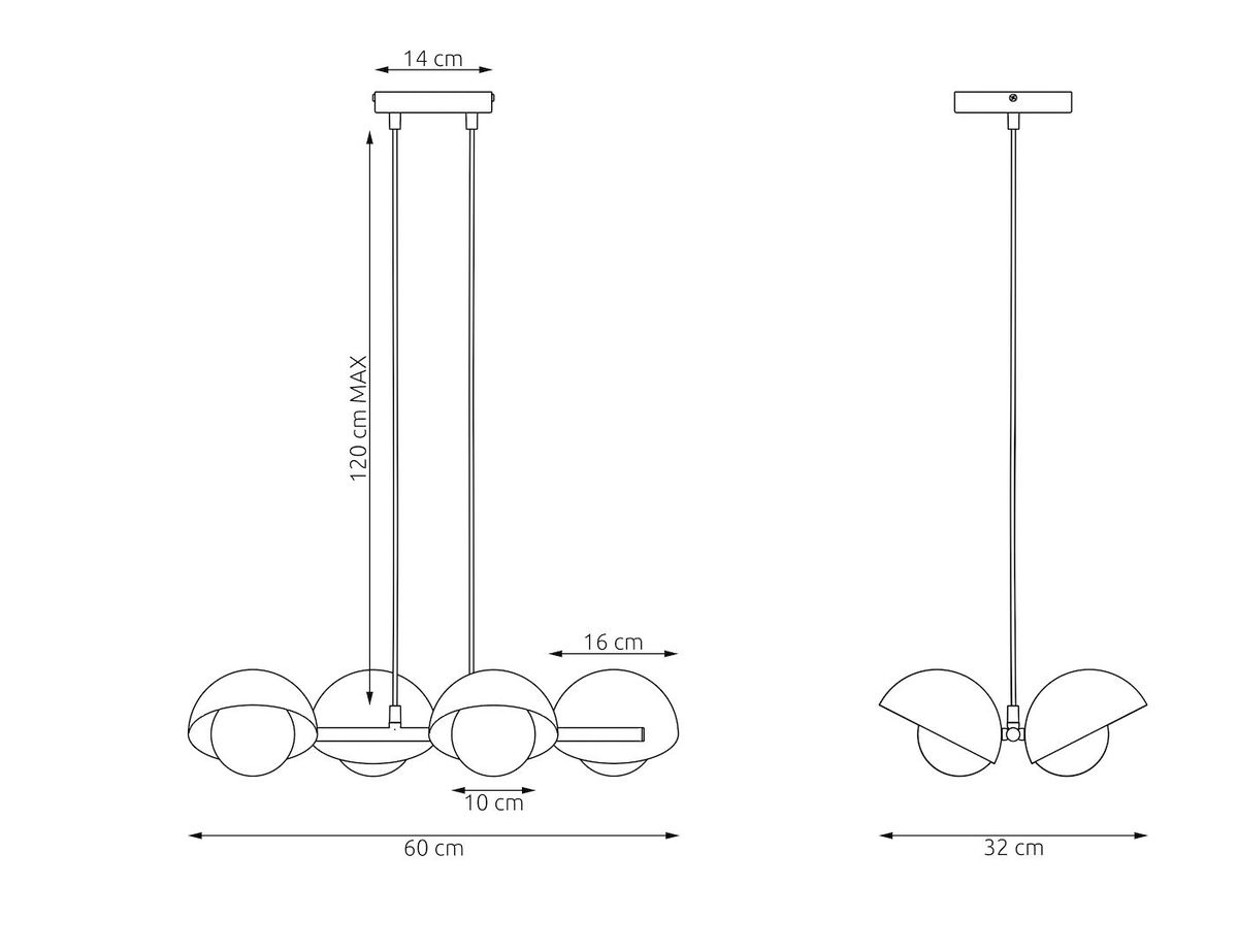 Lampa wisząca Boom w kolorze białym, przeznaczona na 4 żarówki G9. Okrągły sufit z dwoma przewodami, wysokość regulowana do 120 cm. Średnica kloszy 10 cm, szerokość 60 cm, głębokość 32 cm. Prosty, nowoczesny design.