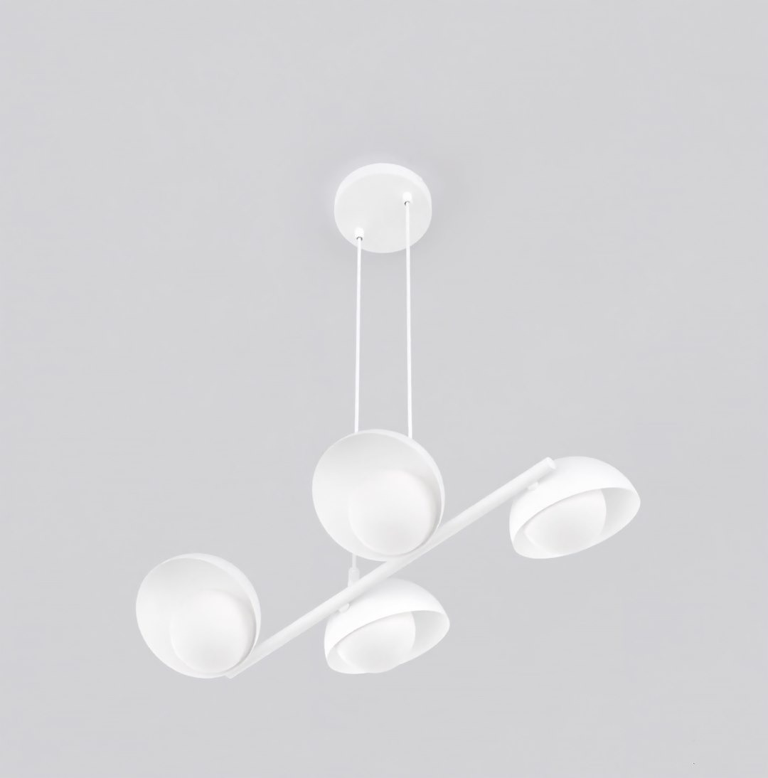 Lampa wisząca Boom 4xG9 w kolorze białym, z czterema okrągłymi kloszami zawieszonymi na poziomej rurze. Ujęcie z góry, prezentujące elegancki, minimalistyczny design. Idealna do nowoczesnych wnętrz.