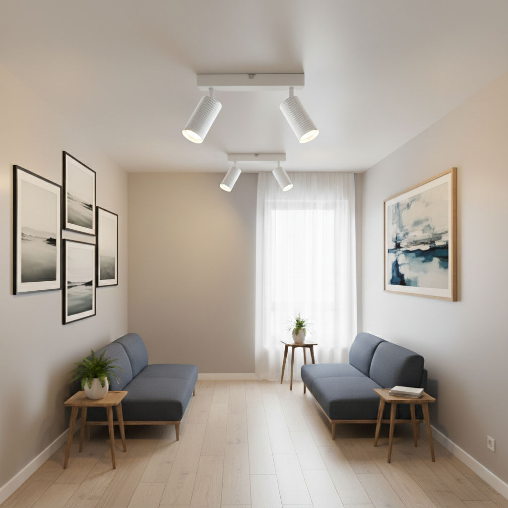 Lampa sufitowa Lucerno w kolorze białym z dwoma ruchomymi punktami świetlnymi, zamontowana na suficie. W tle widoczne szare sofy, okno z firaną i dekoracyjne obrazy na ścianach. W otoczeniu stół z rośliną doniczkową.