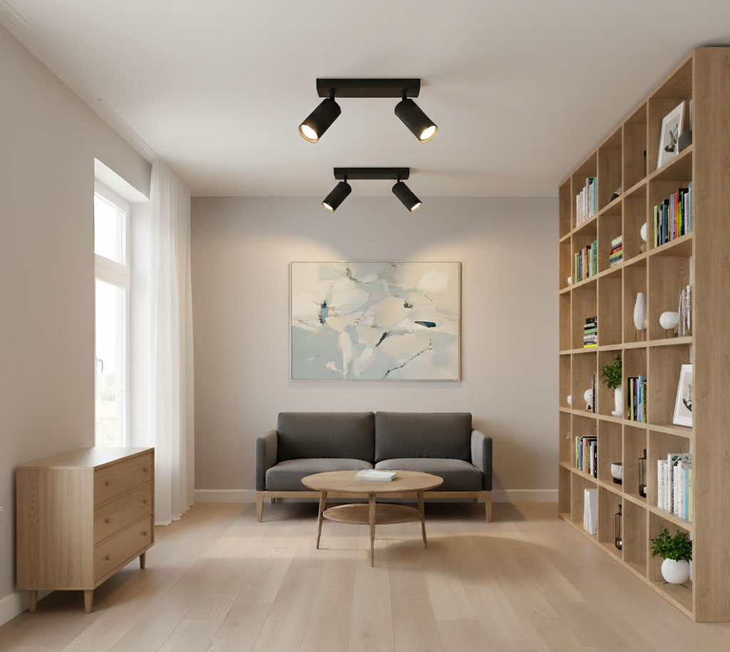 Czarna lampa sufitowa Lucerno z dwoma reflektorami typu GU10, zamontowana na suficie. Reflektory skierowane w różnych kierunkach, w tle widoczny jasny salon z szarym kanapą i drewnianymi meblami.