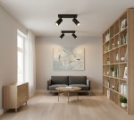 Czarna lampa sufitowa Lucerno z dwoma reflektorami typu GU10, zamontowana na suficie. Reflektory skierowane w różnych kierunkach, w tle widoczny jasny salon z szarym kanapą i drewnianymi meblami.