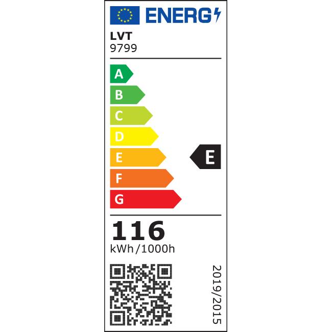 Energetyczna etykieta dla lampy wiszącej LED Hodo, czarnej, z pilotem, wskazująca klasę E oraz zużycie 116 kWh/1000h. Wartości kolorów od zielonego do czerwonego obrazują efektywność energetyczną produktu.