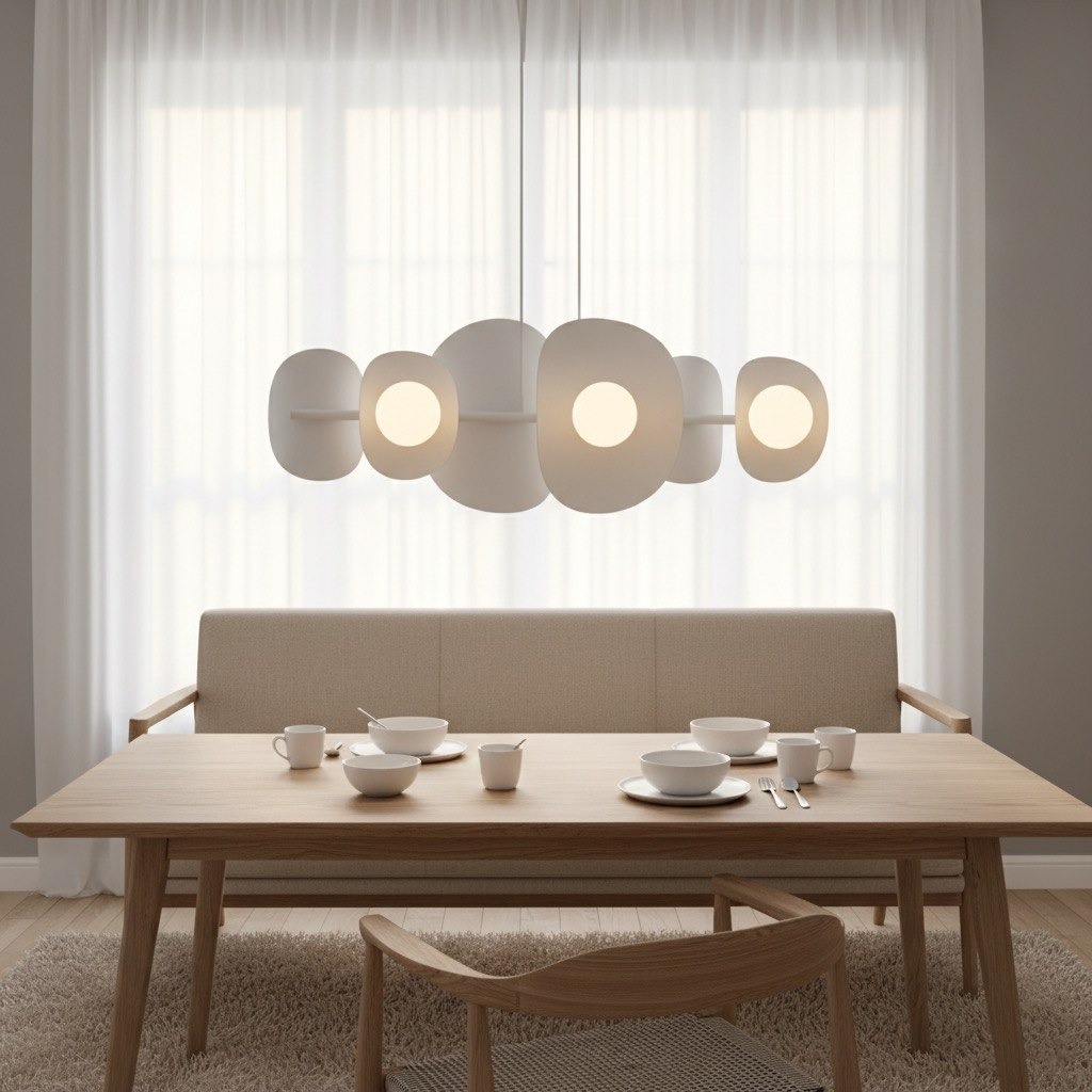 Lampa wisząca Elementi 6xG9 w kolorze białym, z okrągłymi kloszami w różnych kształtach, zawieszona nad drewnianym stołem w jasnym wnętrzu. Widoczne naczynia na stole oraz kanapa w tle.