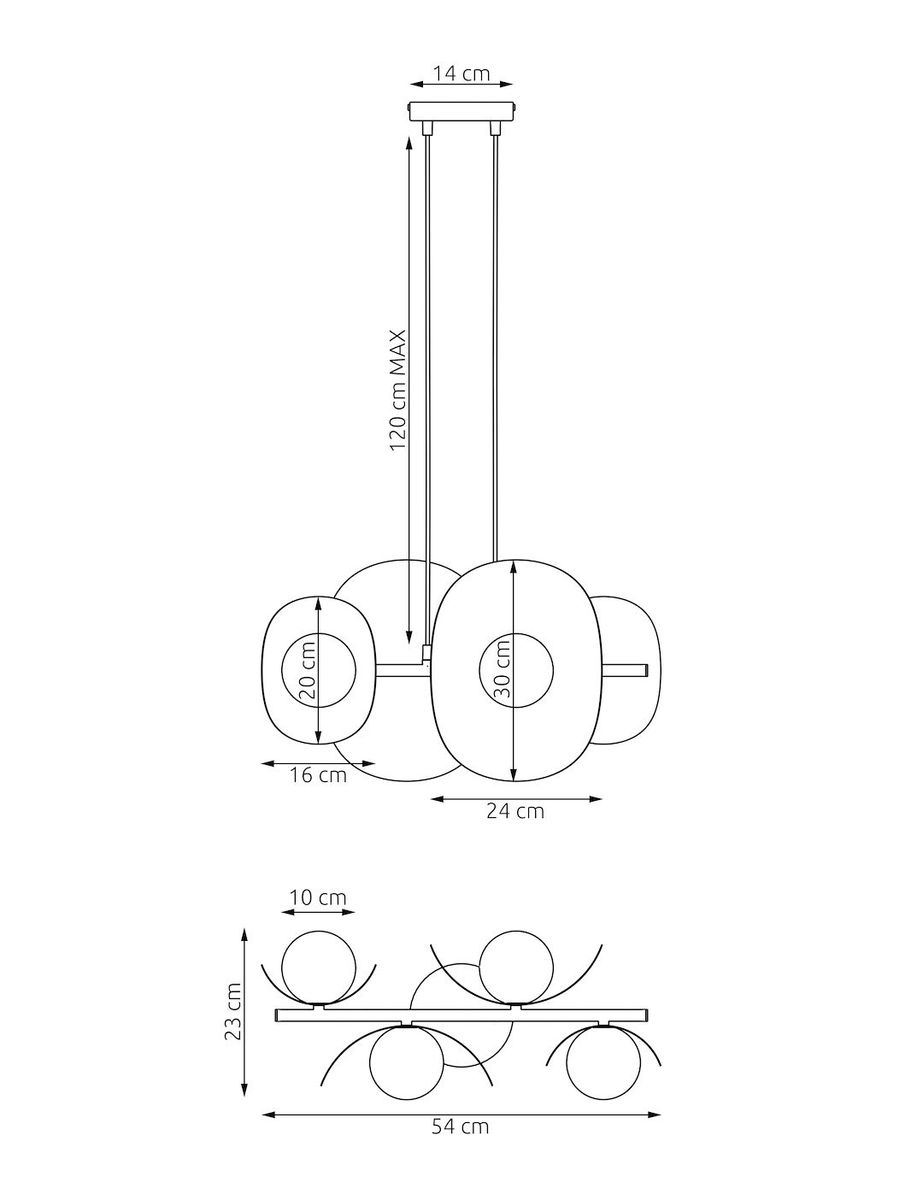 Lampa wisząca Elementi 4xG9 w kolorze białym, złożona z czterech okrągłych kloszy o różnych średnicach (16 cm, 20 cm, 30 cm) zawieszonych na prostokątnej podstawie. Wysokość regulowana do 120 cm. Wymiary podstawy: 54 cm x 10 cm.
