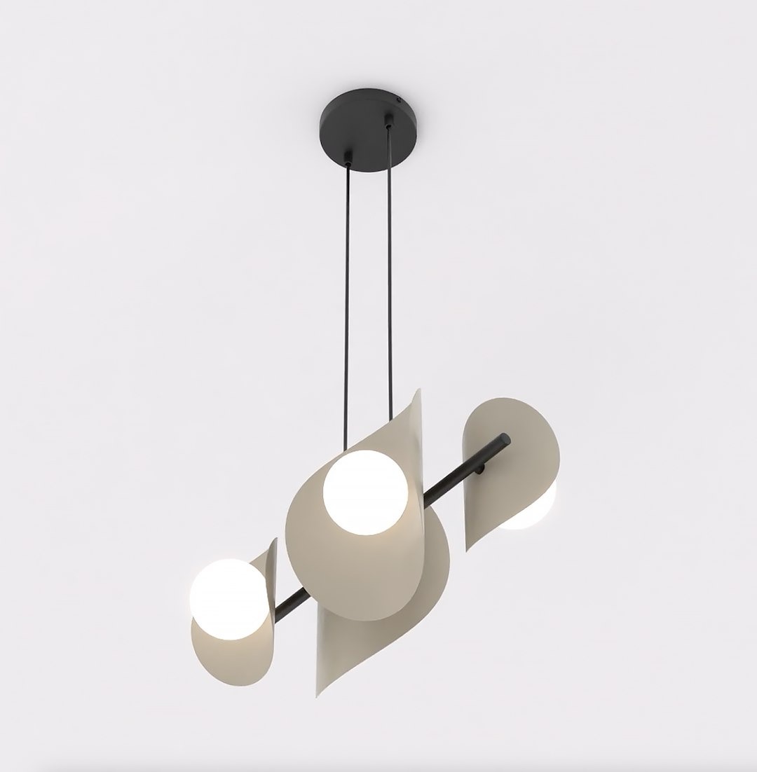 Lampa wisząca Elementi 4xG9 w kolorze czarnej mokki. Posiada trzy okrągłe klosze z białego materiału oraz faliste elementy dekoracyjne. Ujęcie z dołu, zawieszona na dwóch cienkich linkach, zamontowana na okrągłej podstawie sufitowej.