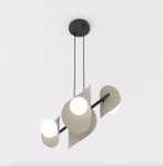 Lampa wisząca Elementi 4xG9 w kolorze czarnej mokki. Posiada trzy okrągłe klosze z białego materiału oraz faliste elementy dekoracyjne. Ujęcie z dołu, zawieszona na dwóch cienkich linkach, zamontowana na okrągłej podstawie sufitowej.