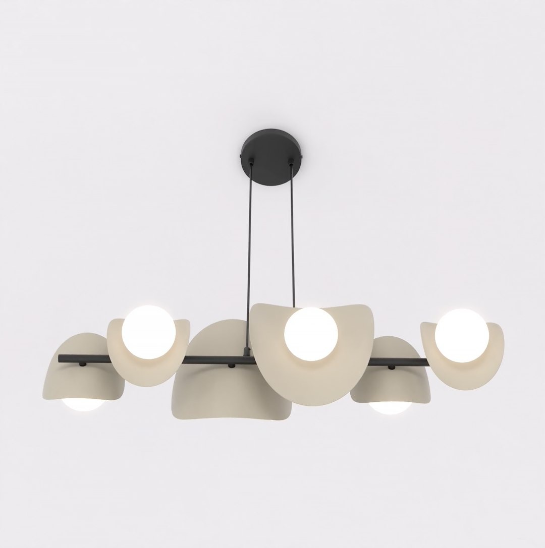 Lampa wisząca Elementi 6xG9 w kolorze czarnym mokka, z sześcioma okrągłymi, białymi kloszami o falistym kształcie, zawieszona na cienkich linkach. Ujęcie z góry, na białym tle, ukazujące elegancki design i rozkład świateł.