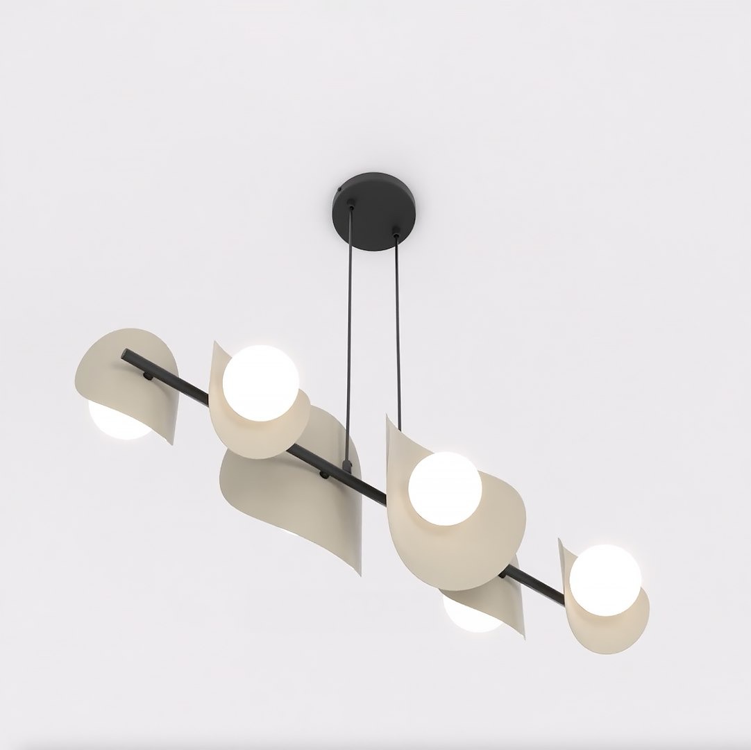 Lampa wisząca Elementi 6xG9 w kolorze czarnym z mokką. Oświetlenie z sześcioma okrągłymi źródłami światła, zawieszonymi na poziomej belce z asymetrycznymi, falistymi kloszami w jasnym kolorze. Ujęcie z góry, na jednolitym tle.