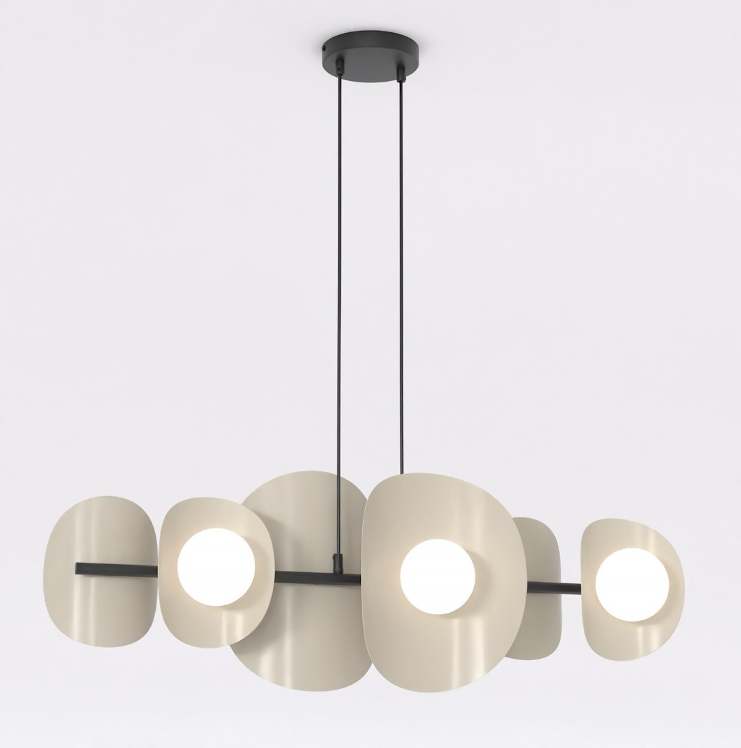Lampa wisząca Elementi 6xG9 w kolorze czarnej mokki, z sześcioma okrągłymi kloszami w odcieniu beżu. Produkt zawieszony na dwóch cienkich linkach, z metalowym stelażem, widoczny z przodu na jednolitym tle.